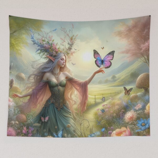 Item preview, female elf with butterfly and flowers happy fantasy easter landscape designed and sold by Expressions-Sel.