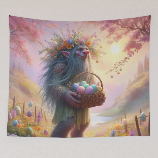 Item preview, troll with a basket of eggs happy fantasy easter landscape designed and sold by Expressions-Sel.