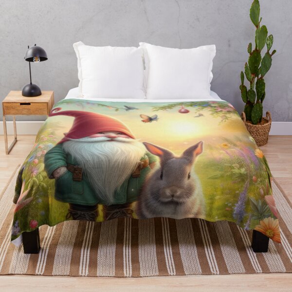 Item preview, gnome with rabbit and mushrooms happy fantasy easter landscape designed and sold by Expressions-Sel.