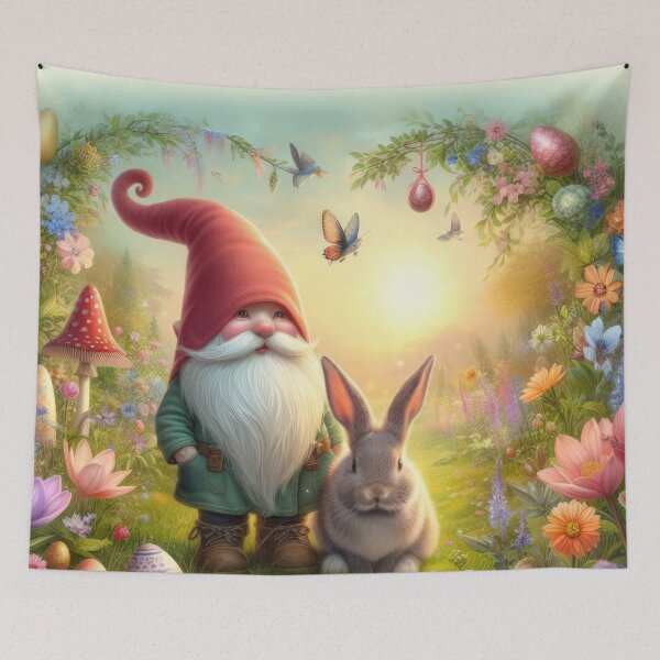 Item preview, gnome with rabbit and mushrooms happy fantasy easter landscape designed and sold by Expressions-Sel.
