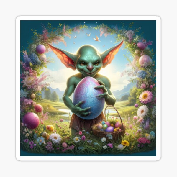 Item preview, goblin with easter egg happy fantasy easter landscape designed and sold by Expressions-Sel.