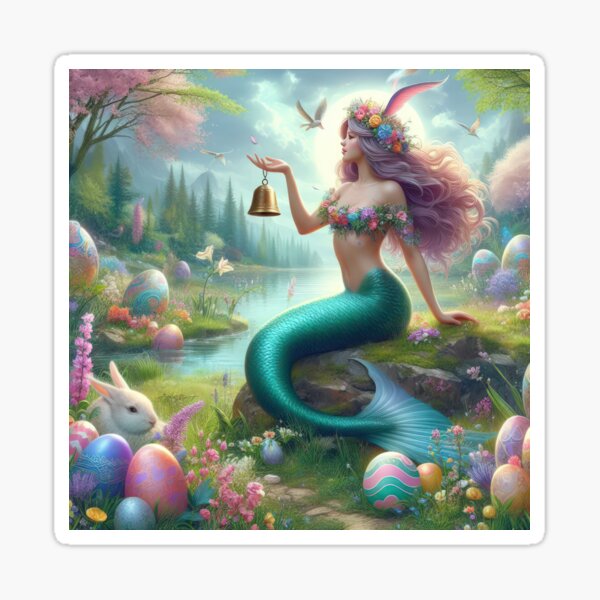 Item preview, mermaid with a bell happy fantasy easter landscape designed and sold by Expressions-Sel.