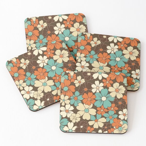 Item preview, Retro vintage floral pattern in brown, aqua, cream and orange designed and sold by PrettyPinkSkies.