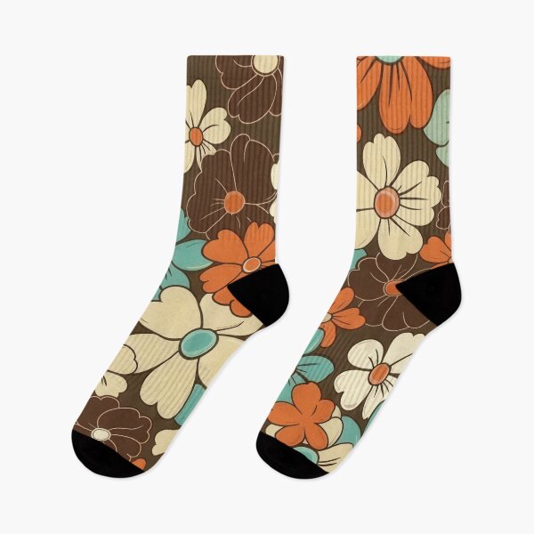 Item preview, Retro vintage floral pattern in brown, aqua, cream and orange designed and sold by PrettyPinkSkies.