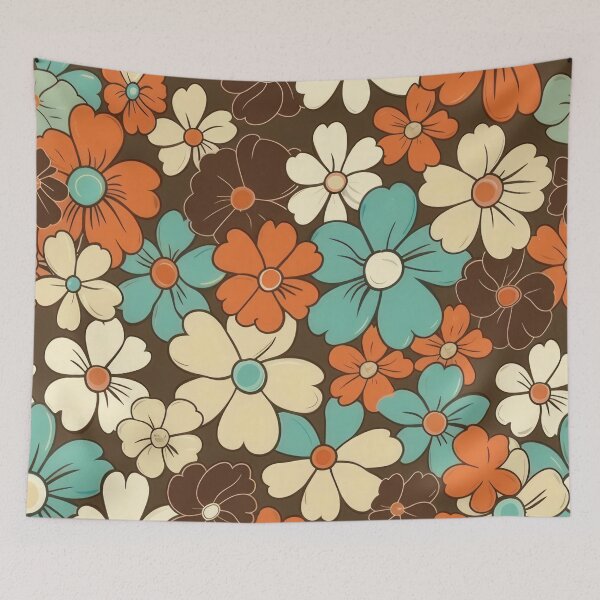 Item preview, Retro vintage floral pattern in brown, aqua, cream and orange designed and sold by PrettyPinkSkies.
