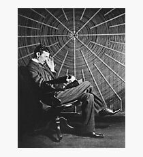Nicola Tesla, sitting in front of a spiral coil Photographic Print