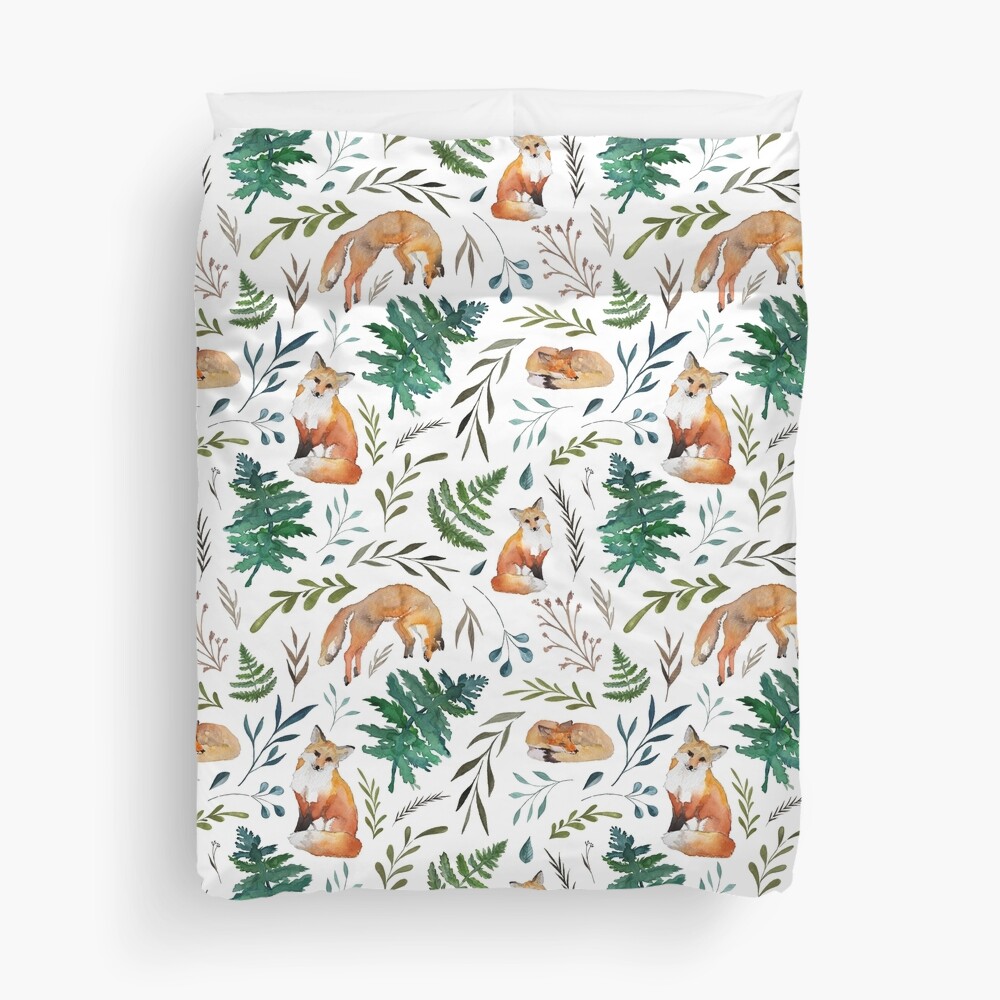 Foxes, ferns, and leaves pattern Duvet Cover