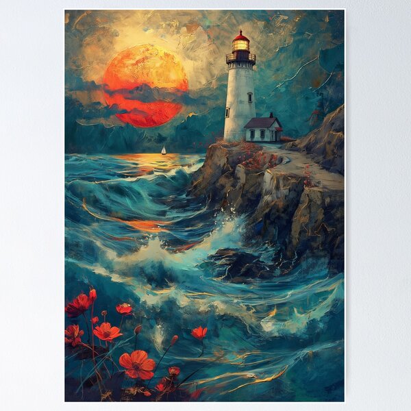 Item preview, ligh house with sunset designed and sold by Rockwpapart.