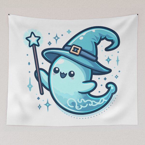 Item preview, Kawaii Luminous Banshee With Wizard Hat Waving A Magic Wand designed and sold by CanvasCutie.