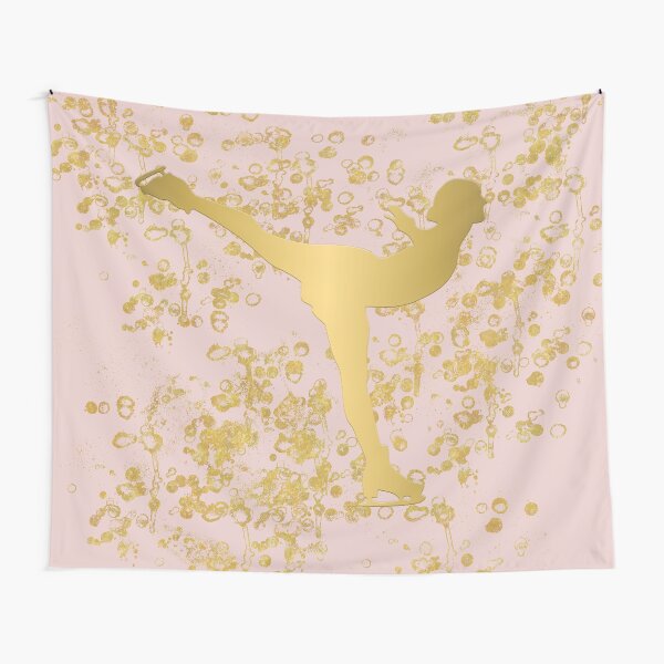 Figure Skater in Golden Flakes and Pink-Graphic Design Tapestry