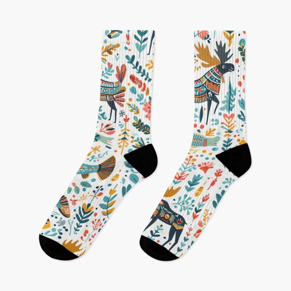 Item preview, Scandinavian Folk Art Moose and fishes Animal pattern by heidiannemorris © designed and sold by FOLK ART FUSION by heidiannemorris.