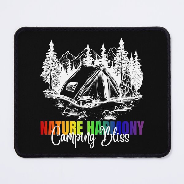 Item preview, Nature Harmony, Camping Bliss slogan with rainbow color text. Camping and Mountain graphics, LGBTQ+ tees, Positive slogan Tees, Unisex tees, Camping tees, Nature tees, designed and sold by PrideBeProud.