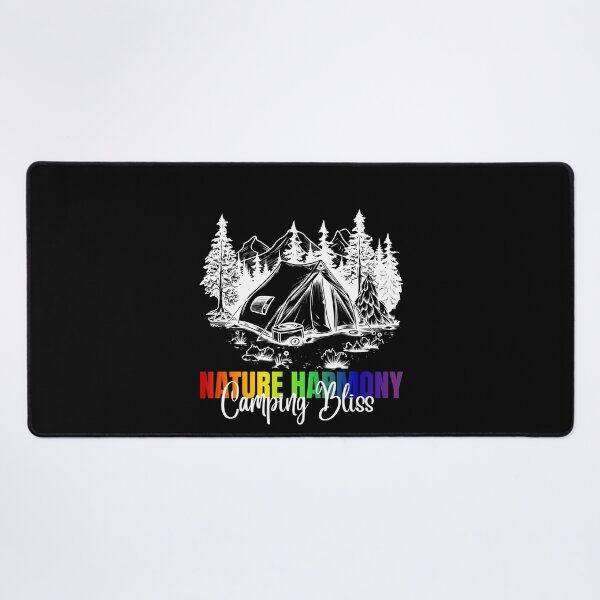 Item preview, Nature Harmony, Camping Bliss slogan with rainbow color text. Camping and Mountain graphics, LGBTQ+ tees, Positive slogan Tees, Unisex tees, Camping tees, Nature tees, designed and sold by PrideBeProud.