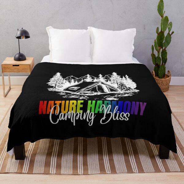 Item preview, Nature Harmony, Camping Bliss slogan with rainbow color text. Camping and Mountain graphics, LGBTQ+ tees, Positive slogan Tees, Unisex tees, Camping tees, Nature tees, designed and sold by PrideBeProud.