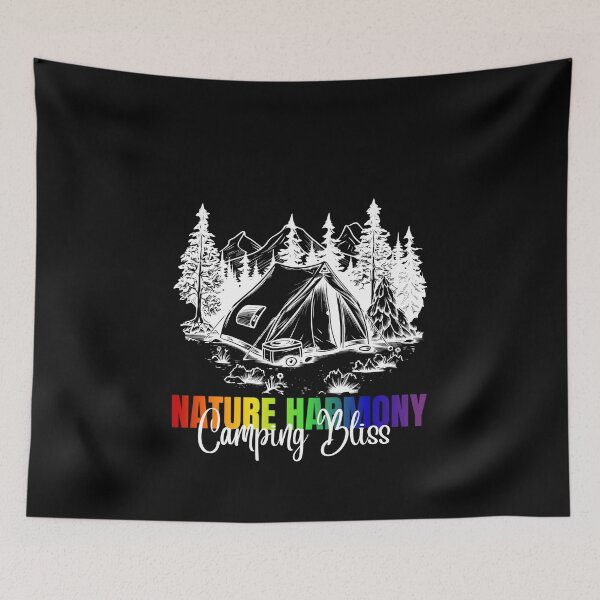Item preview, Nature Harmony, Camping Bliss slogan with rainbow color text. Camping and Mountain graphics,  LGBTQ+ tees, Positive slogan Tees, Unisex tees, Camping tees, Nature tees, designed and sold by PrideBeProud.
