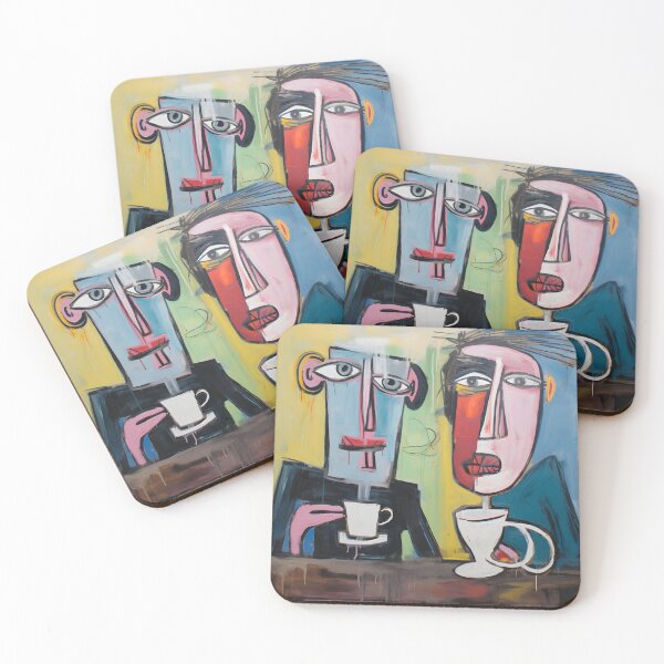Item preview, Pastel Coffee Scene- Stylized Abstract Figures Embrace the Joys of Java with Bold Acrylics designed and sold by OlfactoART Studio.