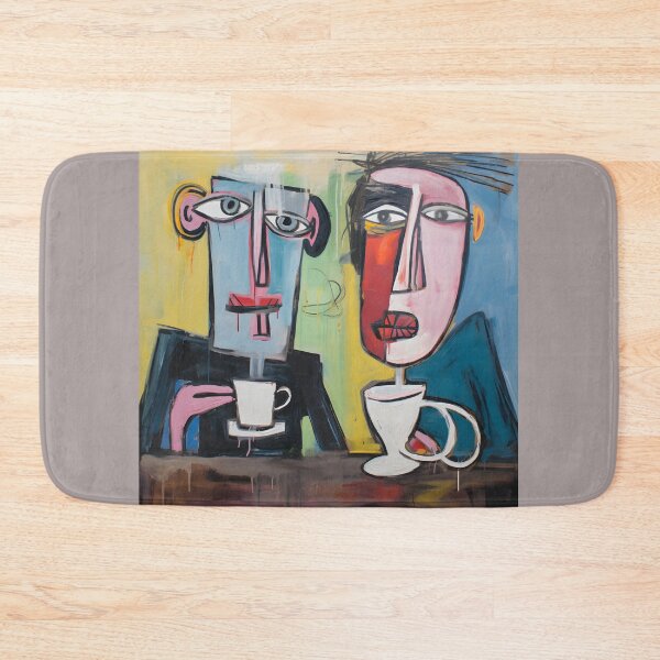Artikelvorschau, Pastellfarbene Kaffeeszene – stilisierte abstrakte Figuren erleben die Freuden Javas mit kräftigen Acrylfarben entworfen und verkauft von OlfactoART Studio.