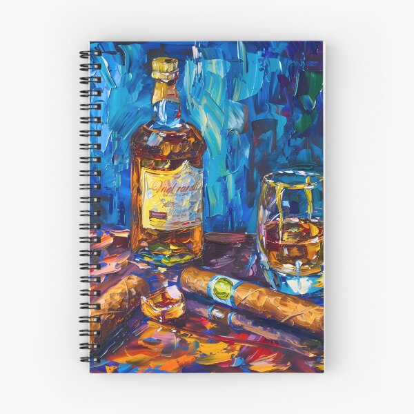 Artikelvorschau, Lebendiges Whisky-Stillleben - Postimpressionismus - Eingebettet in die reiche Palette von Whisky und Zigarren entworfen und verkauft von OlfactoART Studio.