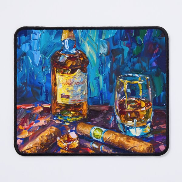 Artikelvorschau, Lebendiges Whisky-Stillleben - Postimpressionismus - Eingebettet in die reiche Palette von Whisky und Zigarren entworfen und verkauft von OlfactoART Studio.