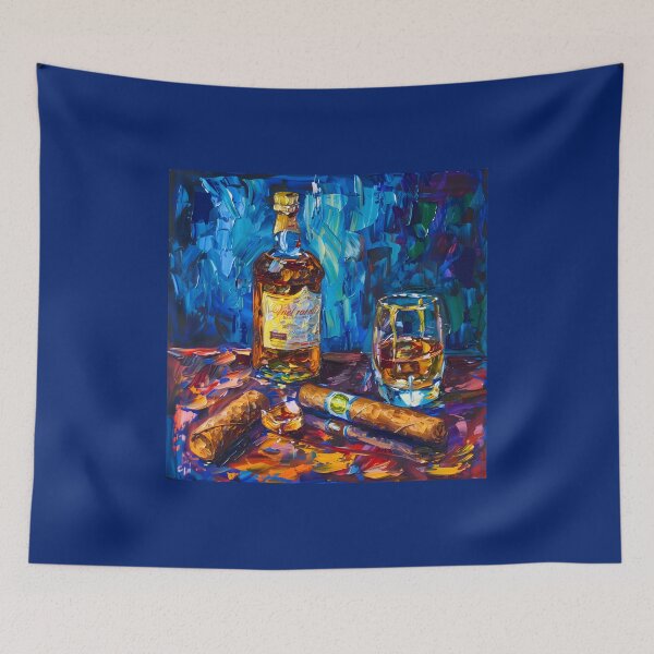 Artikelvorschau, Lebendiges Whisky-Stillleben - Postimpressionismus - Eingebettet in die reiche Palette von Whisky und Zigarren entworfen und verkauft von OlfactoART Studio.
