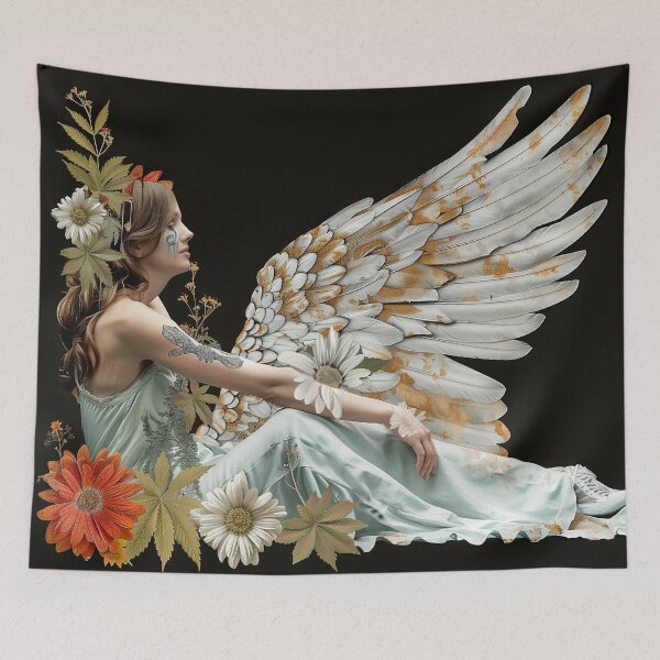 Item preview, Tattoed Ethereal Angelic Woman in Flowers Surreal Artwork designed and sold by Mystikos Art.