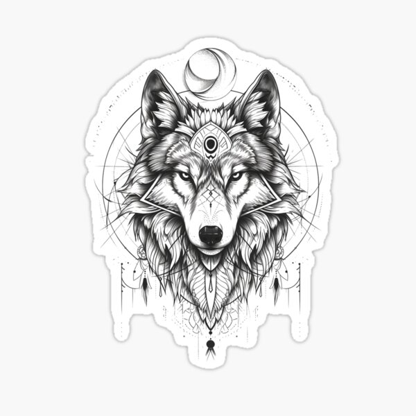 Artikel-Vorschau von Komplizierte monochrome Wolf -Illustration mit geometrischen und himmlischen Elementen, designt und verkauft von Reichcorp.