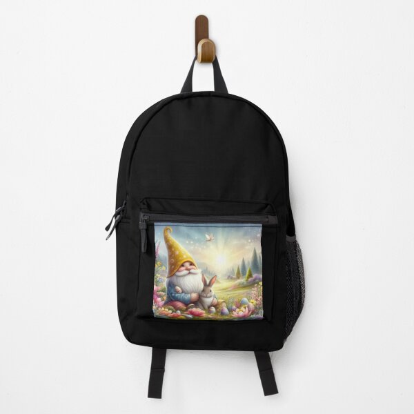 Artikelvorschau, Gnom mit gelbem Hut und Hase Happy Fantasy Osterlandschaft entworfen und verkauft von Expressions-Sel.