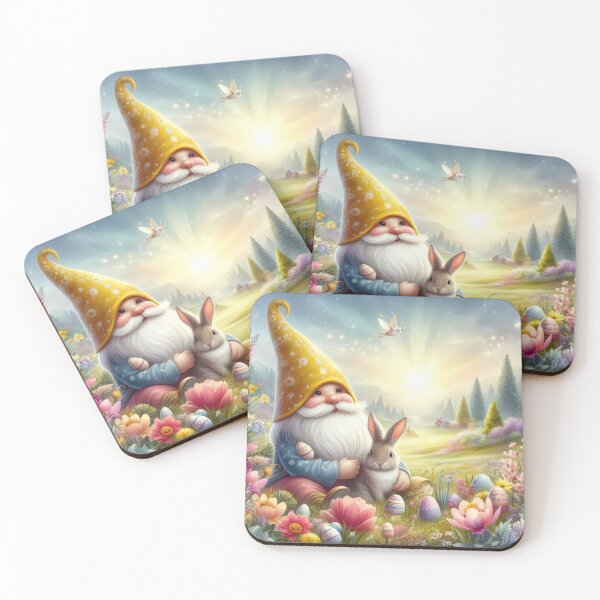 Item preview, gnome with yellow hat and bunny happy fantasy easter landscape designed and sold by Expressions-Sel.