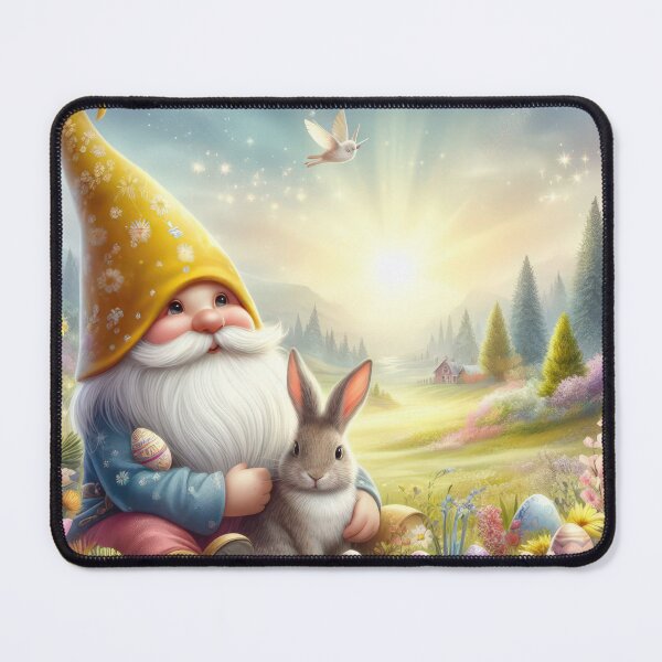 Artikelvorschau, Gnom mit gelbem Hut und Hase Happy Fantasy Osterlandschaft entworfen und verkauft von Expressions-Sel.