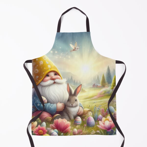 Artikelvorschau, Gnom mit gelbem Hut und Hase Happy Fantasy Osterlandschaft entworfen und verkauft von Expressions-Sel.