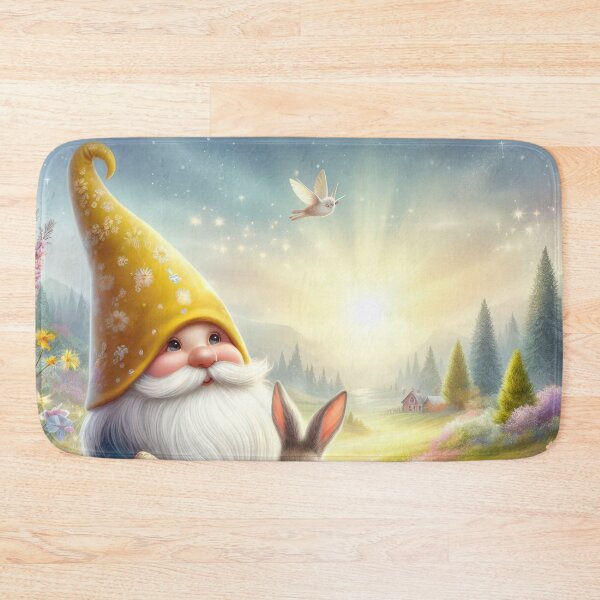 Artikelvorschau, Gnom mit gelbem Hut und Hase Happy Fantasy Osterlandschaft entworfen und verkauft von Expressions-Sel.