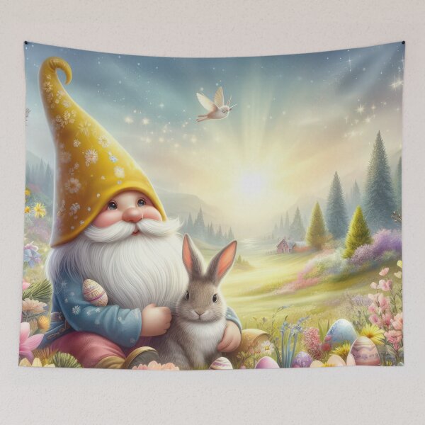 Item preview, gnome with yellow hat and bunny happy fantasy easter landscape designed and sold by Expressions-Sel.