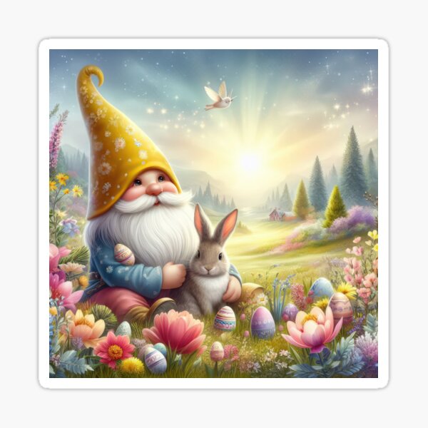 Item preview, gnome with yellow hat and bunny happy fantasy easter landscape designed and sold by Expressions-Sel.