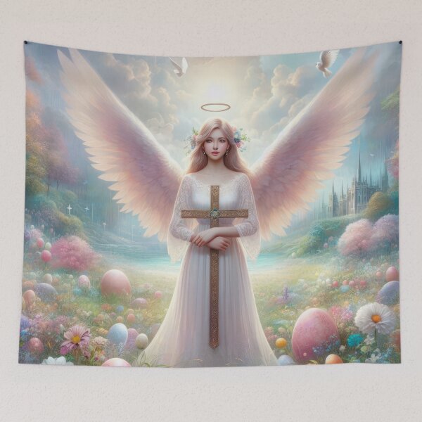 Item preview, angel with cross and decor eggs happy fantasy easter landscape designed and sold by Expressions-Sel.