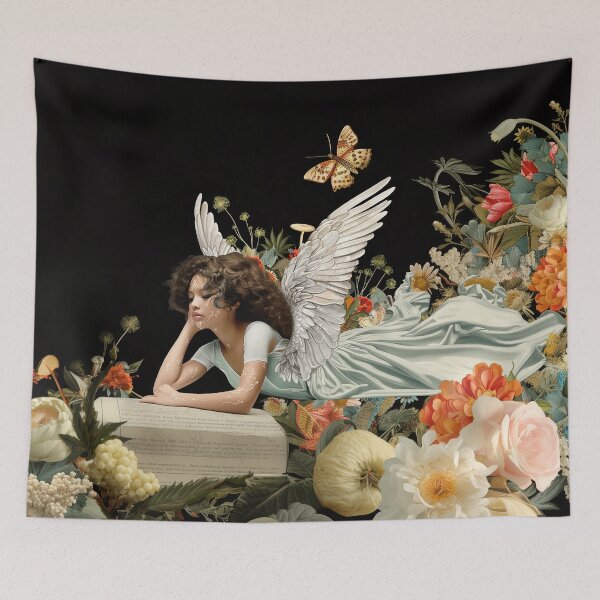 Item preview, Ethereal Angel Woman Reading Flowers Surreal Collage Artwork designed and sold by Mystikos Art.