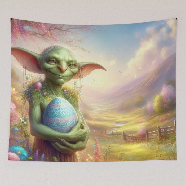 Item preview, green goblin with egg happy fantasy easter landscape designed and sold by Expressions-Sel.
