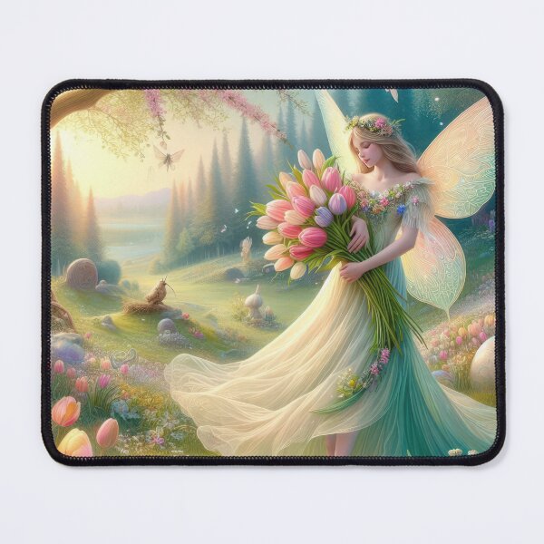 Item preview, fairy with bouquet tulips happy fantasy easter landscape designed and sold by Expressions-Sel.