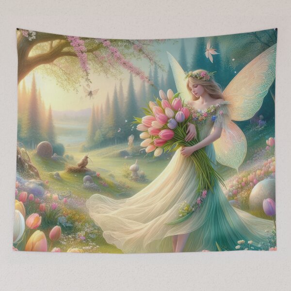 Item preview, fairy with bouquet tulips happy fantasy easter landscape designed and sold by Expressions-Sel.