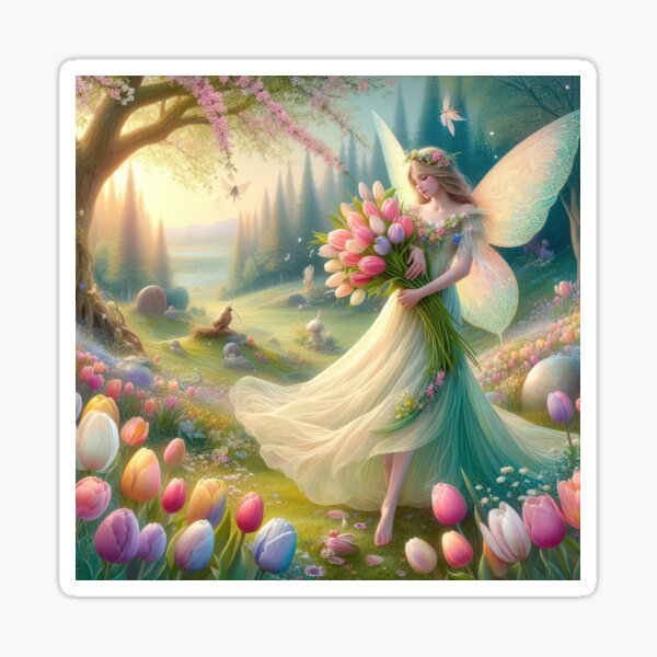 Item preview, fairy with bouquet tulips happy fantasy easter landscape designed and sold by Expressions-Sel.