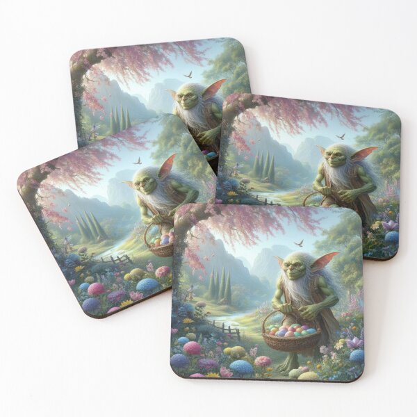 Item preview, green goblin with basket with Easter eggs happy fantasy easter landscape designed and sold by Expressions-Sel.