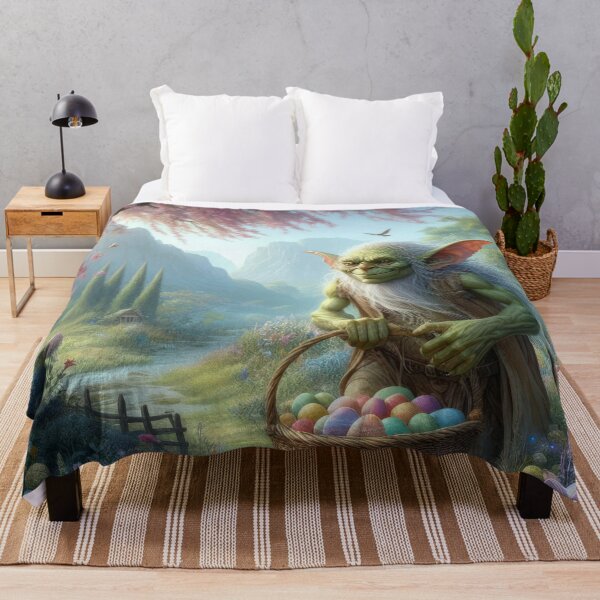 Item preview, green goblin with basket with Easter eggs happy fantasy easter landscape designed and sold by Expressions-Sel.