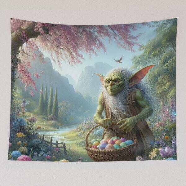Item preview, green goblin with basket with Easter eggs happy fantasy easter landscape designed and sold by Expressions-Sel.