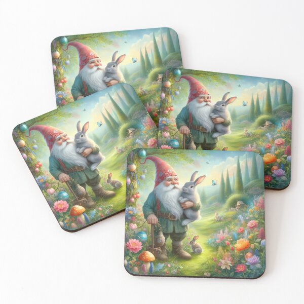 Item preview, gnome with a rabbit in the forest happy fantasy easter landscape designed and sold by Expressions-Sel.