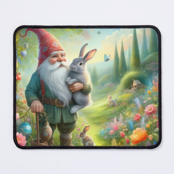 Item preview, gnome with a rabbit in the forest happy fantasy easter landscape designed and sold by Expressions-Sel.