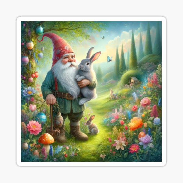 Item preview, gnome with a rabbit in the forest happy fantasy easter landscape designed and sold by Expressions-Sel.