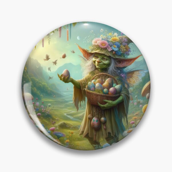 Item preview, Female goblin with a basket of Easter eggs happy fantasy easter landscape designed and sold by Expressions-Sel.