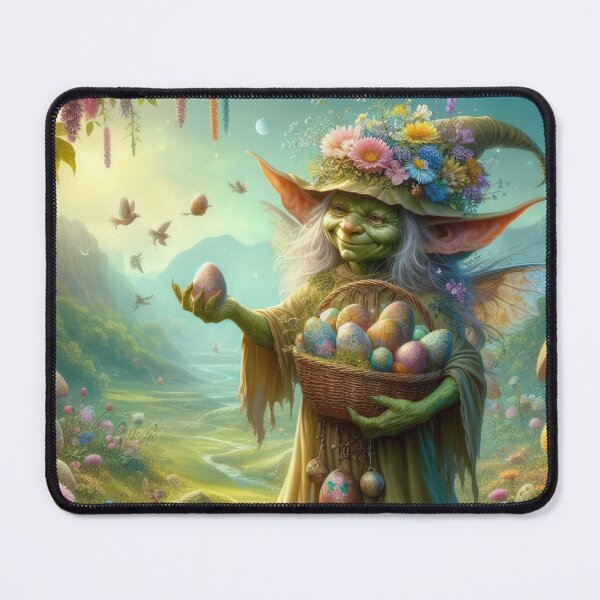 Item preview, Female goblin with a basket of Easter eggs happy fantasy easter landscape designed and sold by Expressions-Sel.