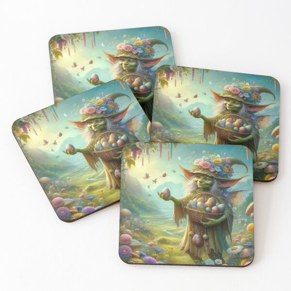 Item preview, Female goblin with a basket of Easter eggs happy fantasy easter landscape designed and sold by Expressions-Sel.