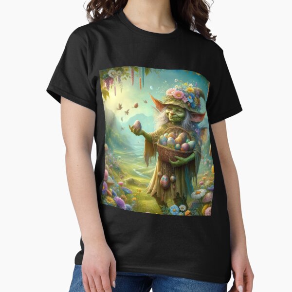 Item preview, Female goblin with a basket of Easter eggs happy fantasy easter landscape designed and sold by Expressions-Sel.