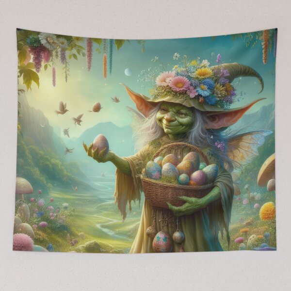Item preview, Female goblin with a basket of Easter eggs happy fantasy easter landscape designed and sold by Expressions-Sel.